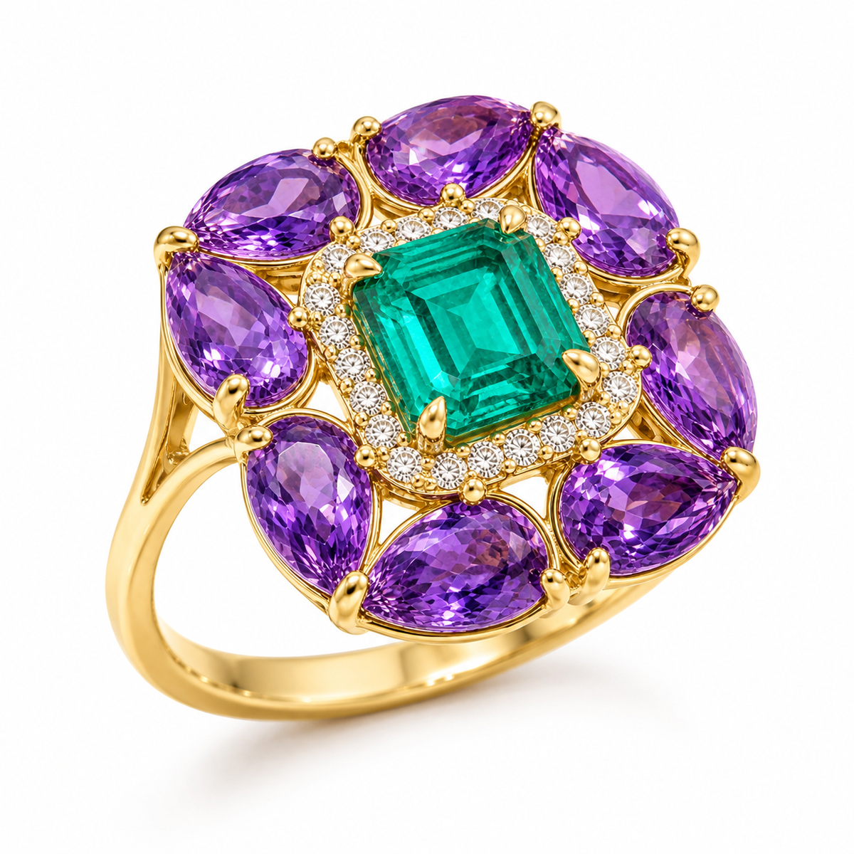 Emerald amethyst diamond ring